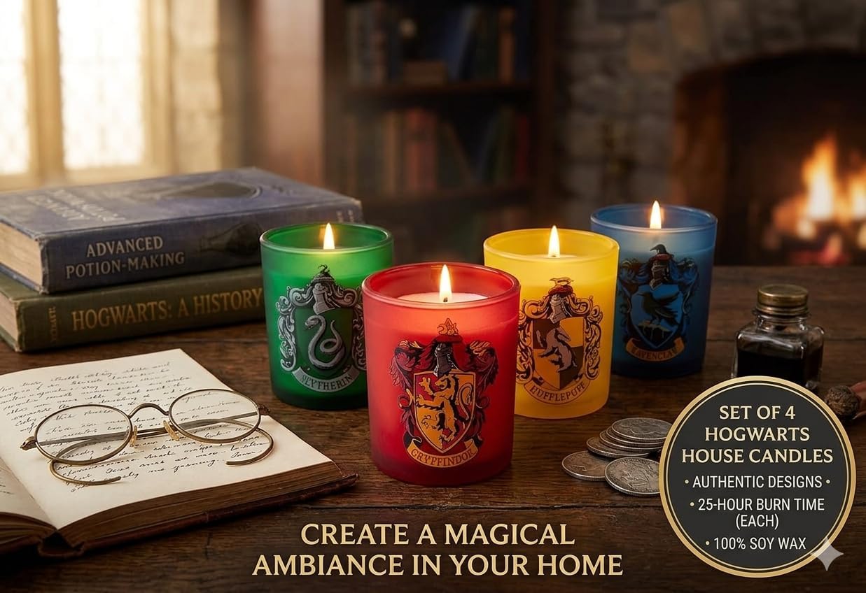 Harry Potter Candles Hogwarts House Crests - Gryffindor, Slytherin, Ravenclaw, Hufflepuff - Wizarding World Collectible Decor Gift for Teens and Adults - Set of 4, Unscented Wax 3oz Votive