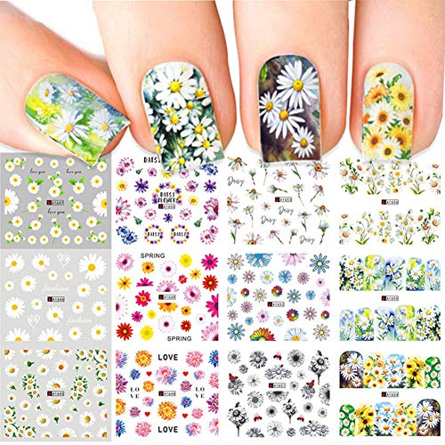 Daisy Nail Art Stickers Water Transfer Nail Decals,12 Sheets Flower Nail Stickers Nail Art Supplies Sunflower Daisies Summer Nail Art Accessories Nails Design Sticker for Acrylic Nail Decorations