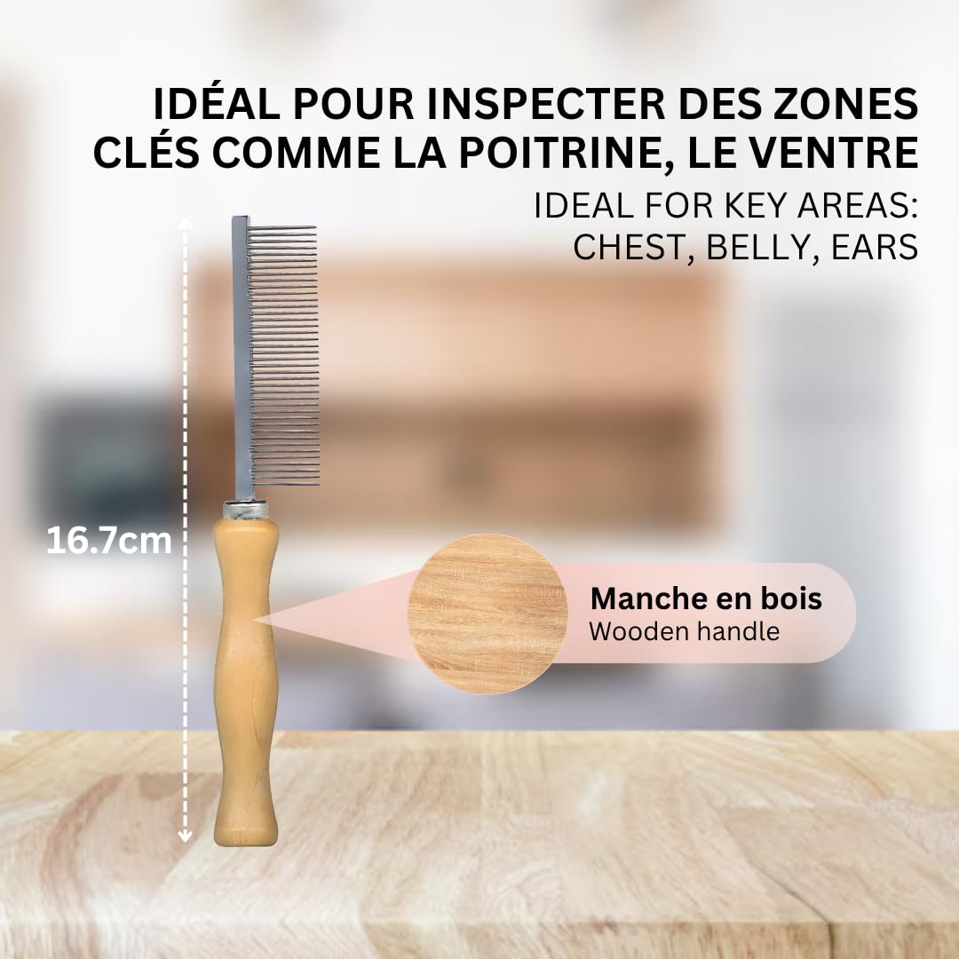Peigne Anti-Puces avec Manche en Bois – Peigne Fin pour Chien et Chat – Élimine les Puces et les Œufs – Soin du Pelage et Bien-Être de l’Animal (16,7 cm)