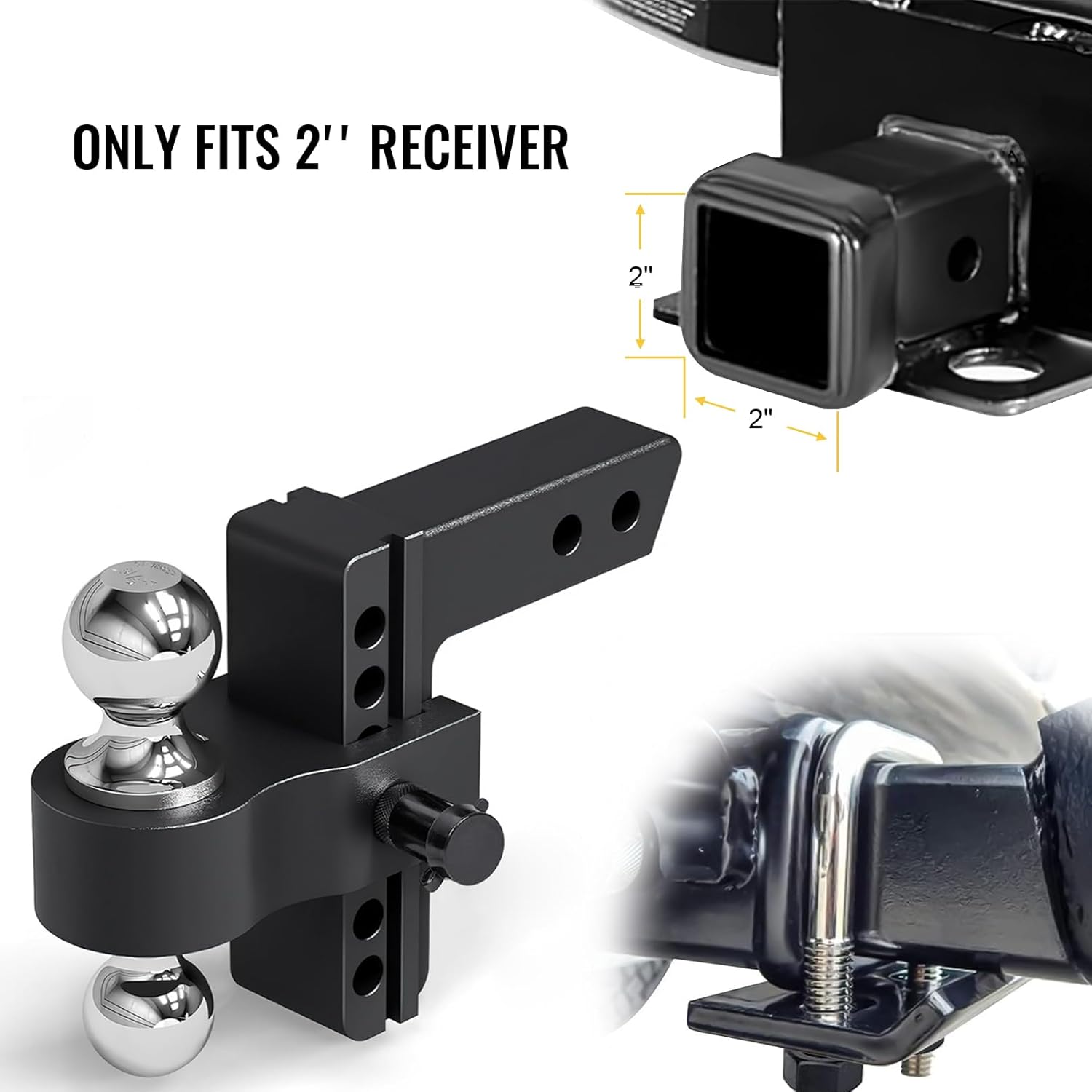 Adjustable Trailer Hitch Mount with 2" and 2-5/16" Ball, Fit 2" Receivers, 6" Drop/Rise, 12,500LBS Aluminum Heavy Duty Trailer Hitch for Trucks 1 Hitch Tightener 2 Locking Hitch Pin