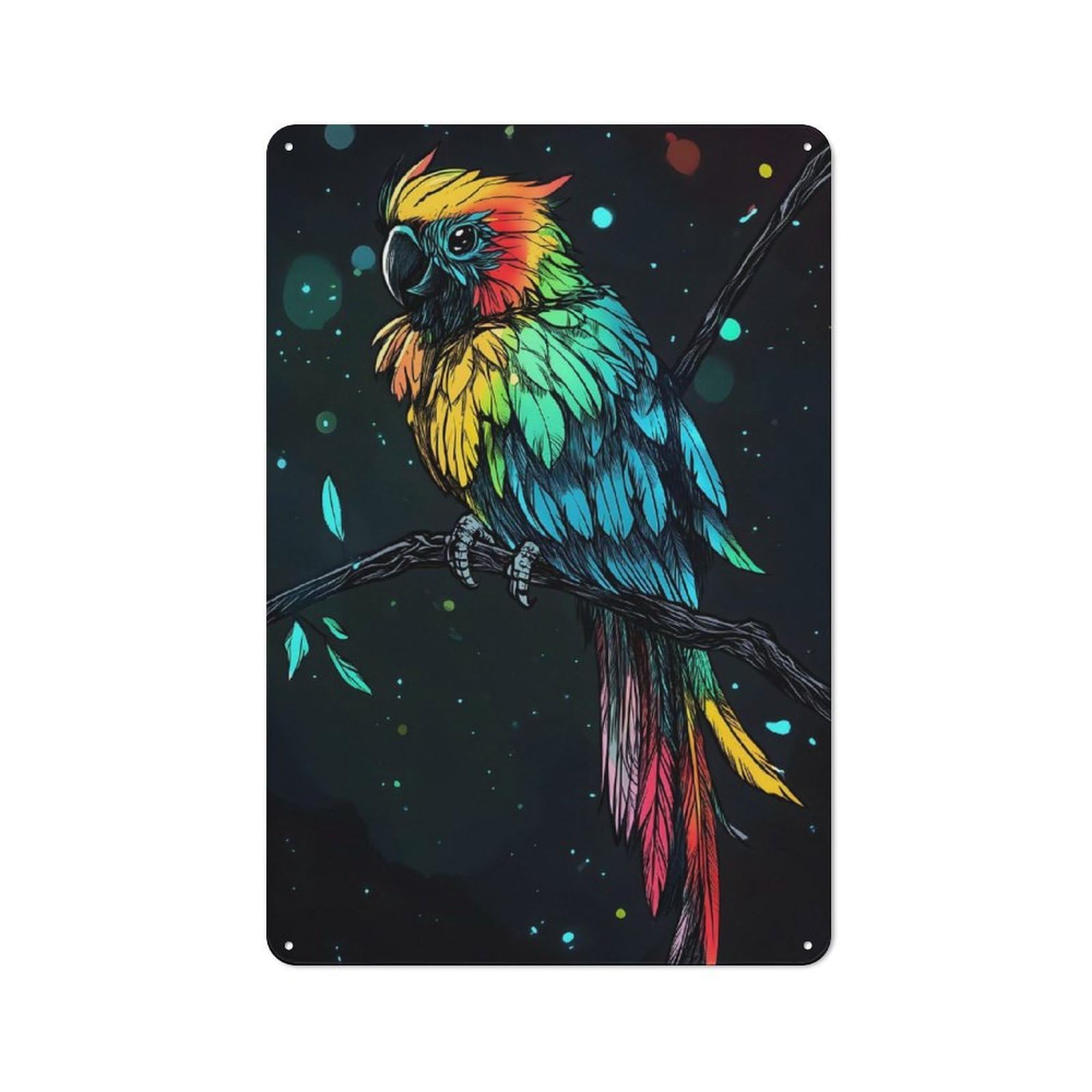 Junmoney Style-10 Retro Rainbow Parrot On Branch Decorative Metal Plaque 30X20cm, Shed Wall Plaque For Tool Room, Garage, Studio Or Home Bar