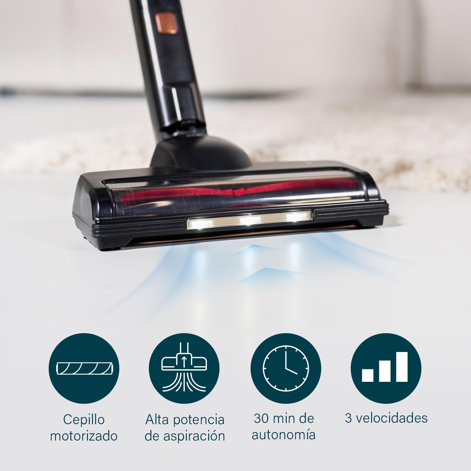 Princess Dynamic Storm 339390 - Potente Motor sin escobillas - Vaciado higiénico del depósito - 30 Minutos de Limpieza sin Cables - Cepillo motorizado - LED - posición de Espera - Modo portátil