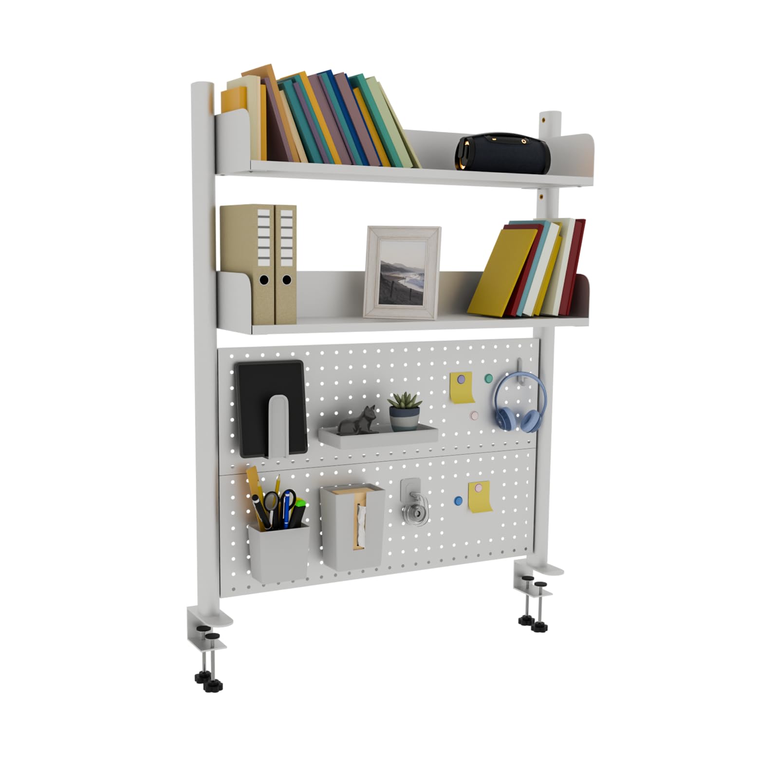 Boltmol Clamp-on 2-Tier Desk Shelf,White 80CM, Desktop Organizer With Pegboard, Countertop Storage Bookcase For Home, Office Or Dorm