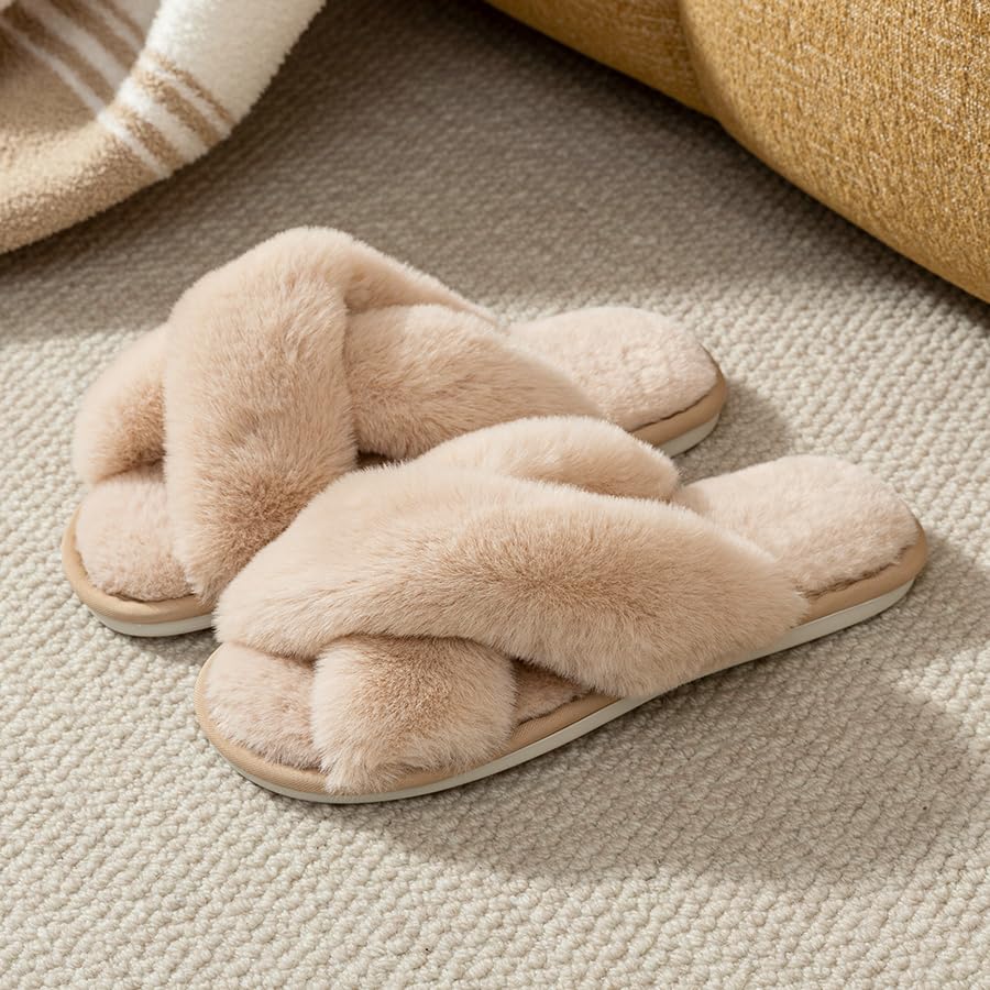 Women's Soft Indoor House Slippers Cross Band Outdoor Open Toe Fuzzy Slippers Memory Foam3