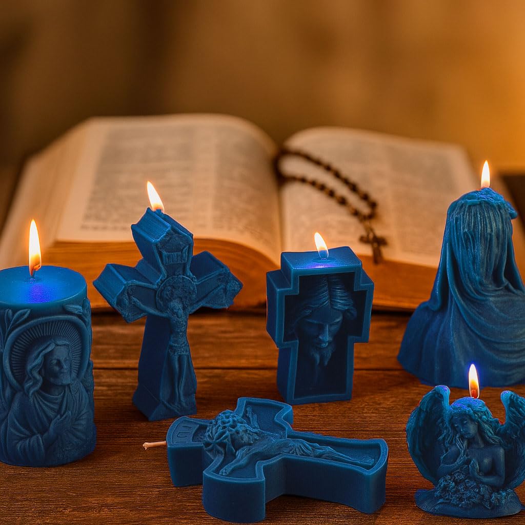 Juego de regalo de velas – 6 velas de cera de abejas hechas a mano, regalo cristiano y espiritual, natural, sin aroma, sostenible y símbolo de fe (azul oscuro)