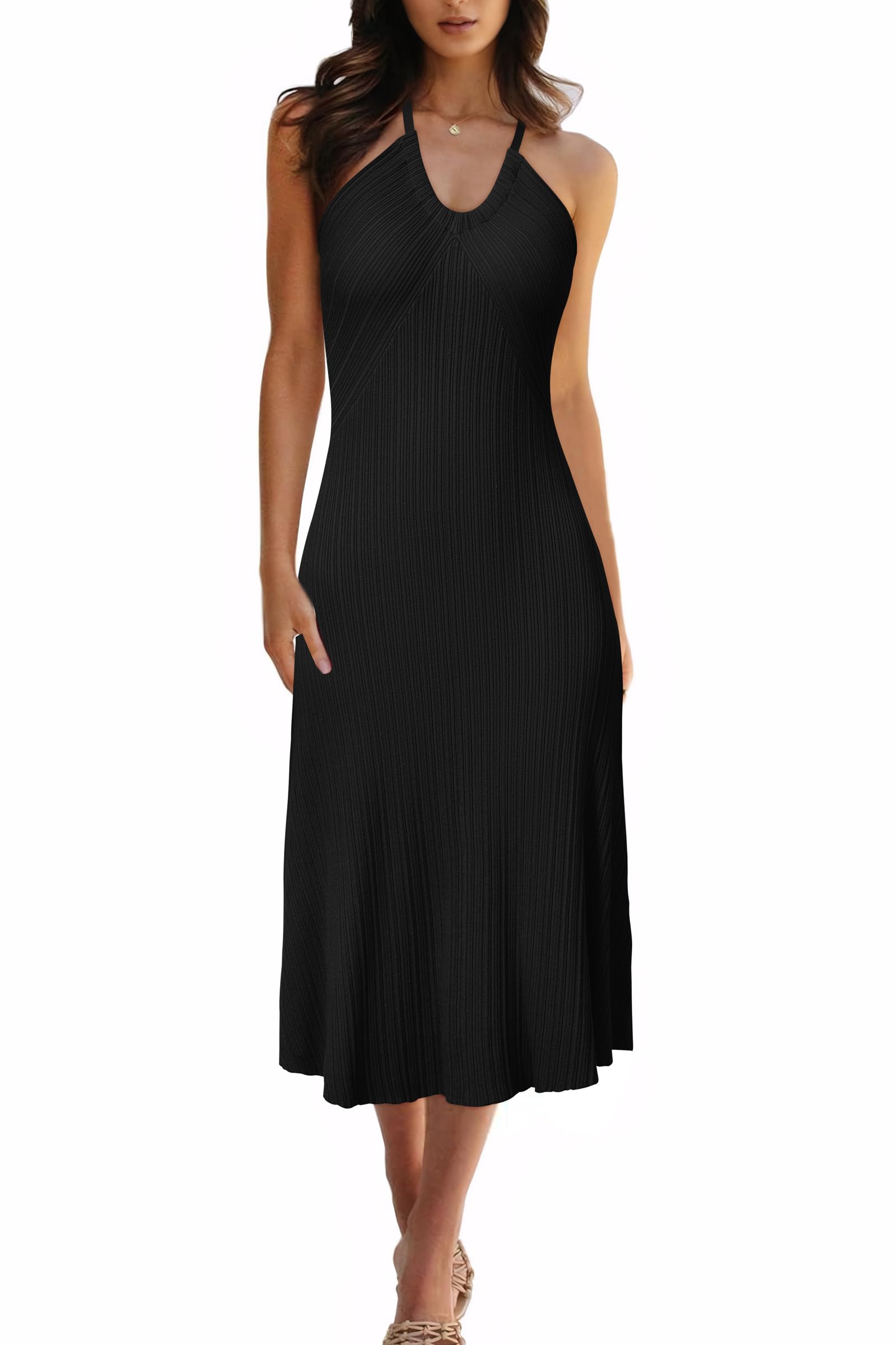 Women's Knit Adjustable Halter V Neck Summer Vacation Dress 2025