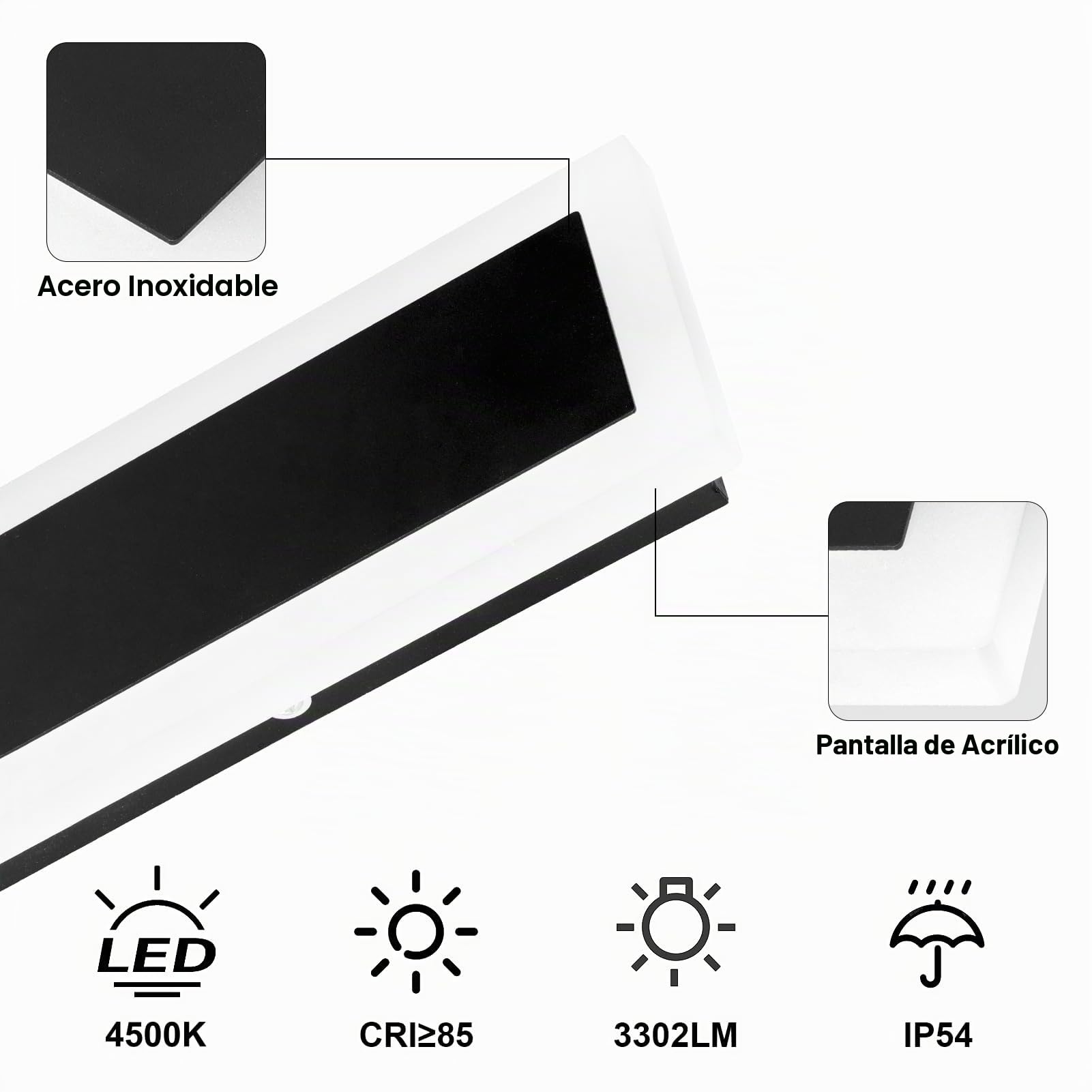 Klighten LED Aplique Pared Exterior Largo, 120CM/35W Negro Aplique Interior, Impermeables IP54 Acero inoxidable Acrílico Moderna Lámpara de Pared, para Balcón Patio Dormitorio, Blanco Natural 4500K
