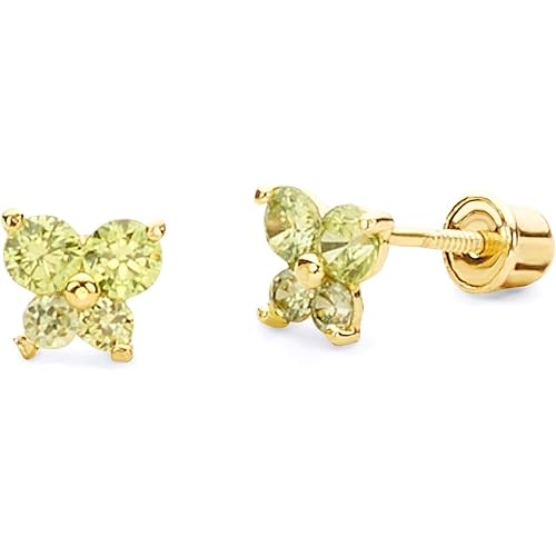 14k REAL Yellow Gold Butterfly Stud Earrings with Screw Back- 12 Different Color Available