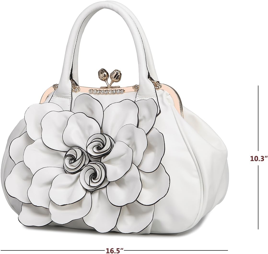 SUNROLAN Women's Handbags 3D Flower Seris Evening Bags PU Leather Rhinestone Crossbody Bag with Detachable Strap | PU Leather, Rhinestone