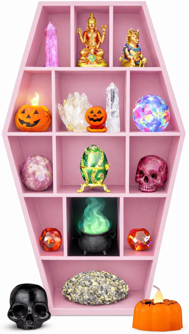 Curio Coffin Shelf - Wooden Goth Decor for Display or Storage of Shot Glasses, Mini Figures, Rocks, and More - 18.5 by 9.5 by 2.75 Inches (Pink)