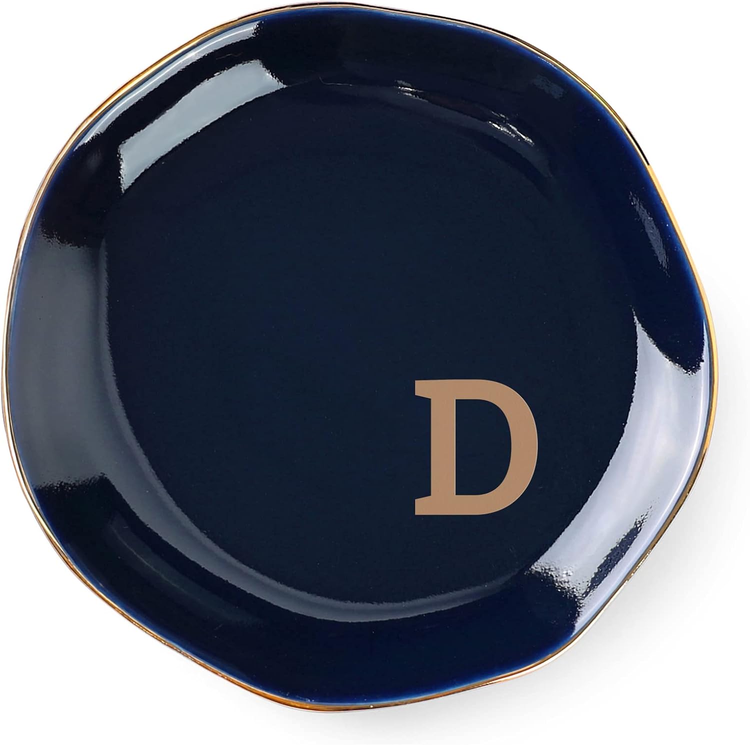 Ceramic Jewelry Tray, Monogrammed D Ring Dish for Women Friend Birthday, Christmas Gift for Women (4.7",Navy Blue)
