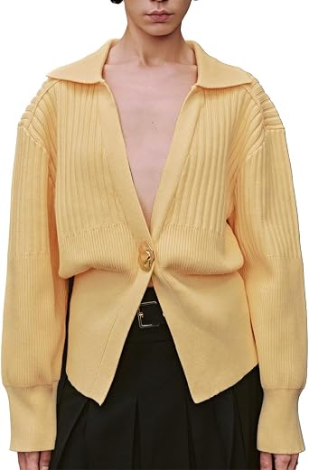 URBAN REVIVO Womens Cardigan V-Neck Lapel Long Sleeve Knitted Cropped Casual Sweater with Metal Button 2025