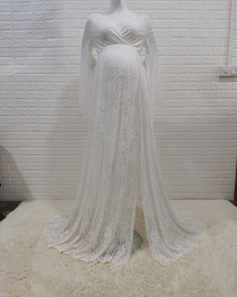 Vestito da maternità Abito Premaman Tinta Unita Vestito Maxi Elegante in Pizzo Manica Lunga con Scollo A V per Servizio Fotografico in Gravidanza Abito da Festa