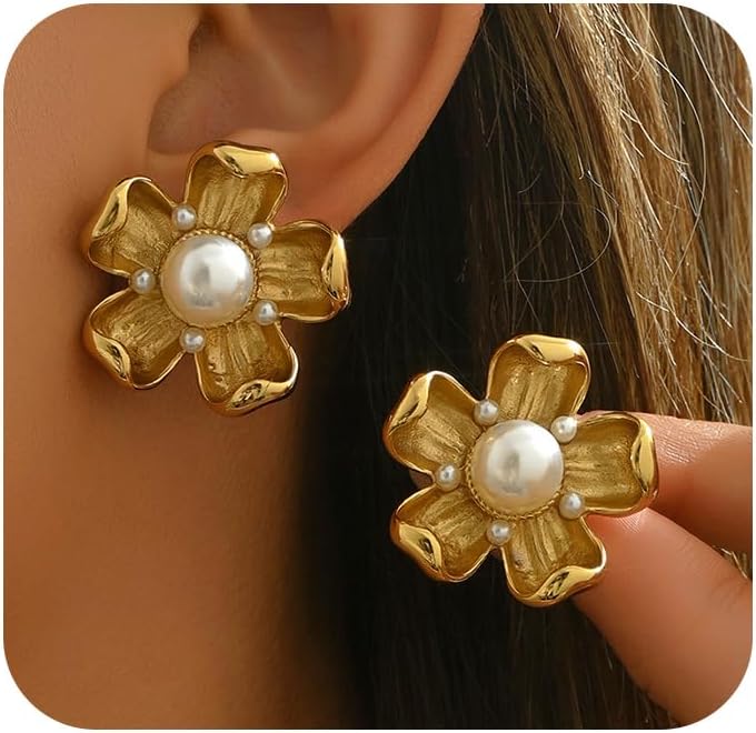 Dainty Gold Large Pearl Flowers Earrings for Women Vintage Chunky Big Pearl Floral Statement Dangle Earring Trendy Hip Hop Outfit Blossom Jewelry