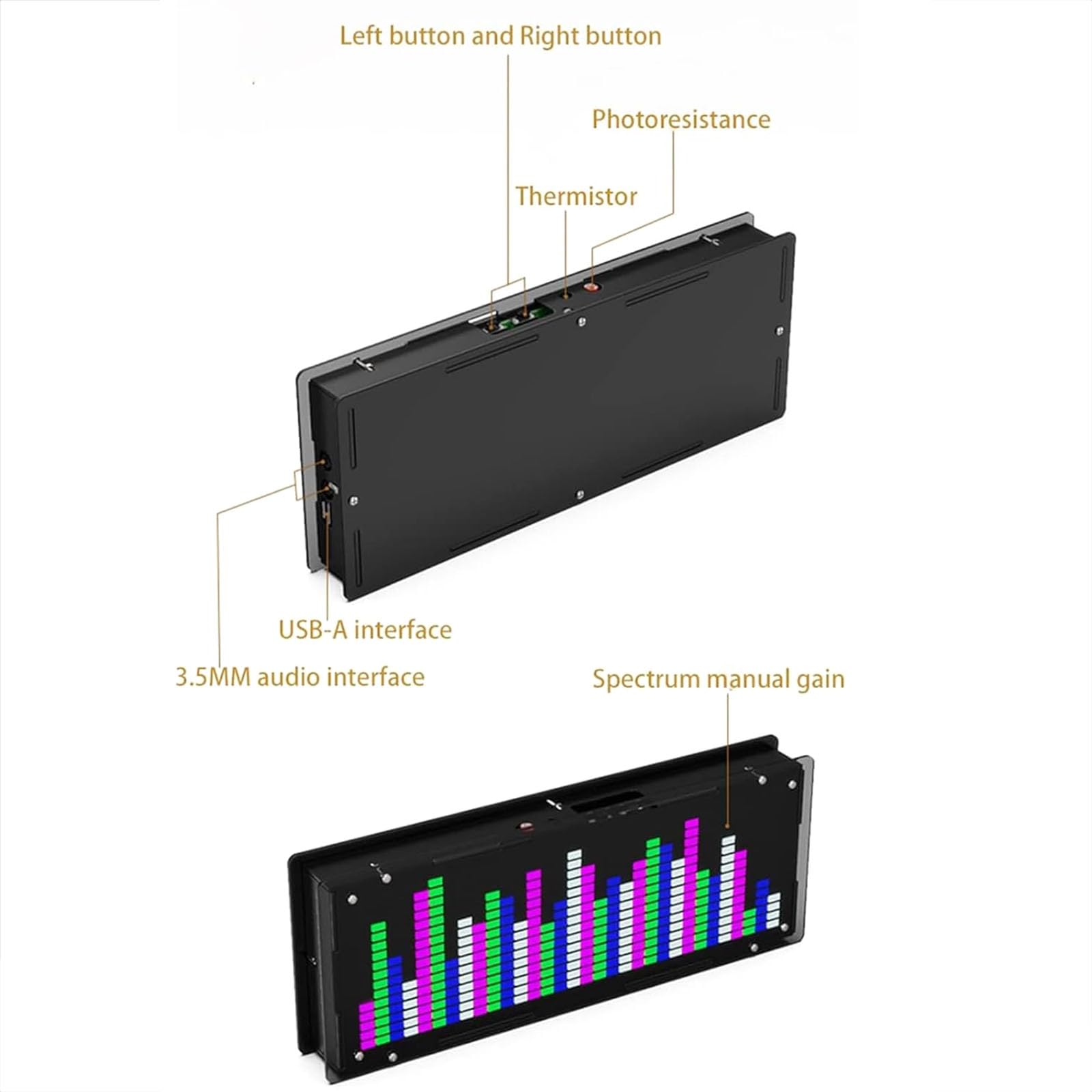 Analizador digital de espectro de audio, indicador de espectro musical con 8 efectos de visualización, 8 ajustes de brillo, 4 modos de tiempo, sensibilidad ajustable para uso doméstico y coche