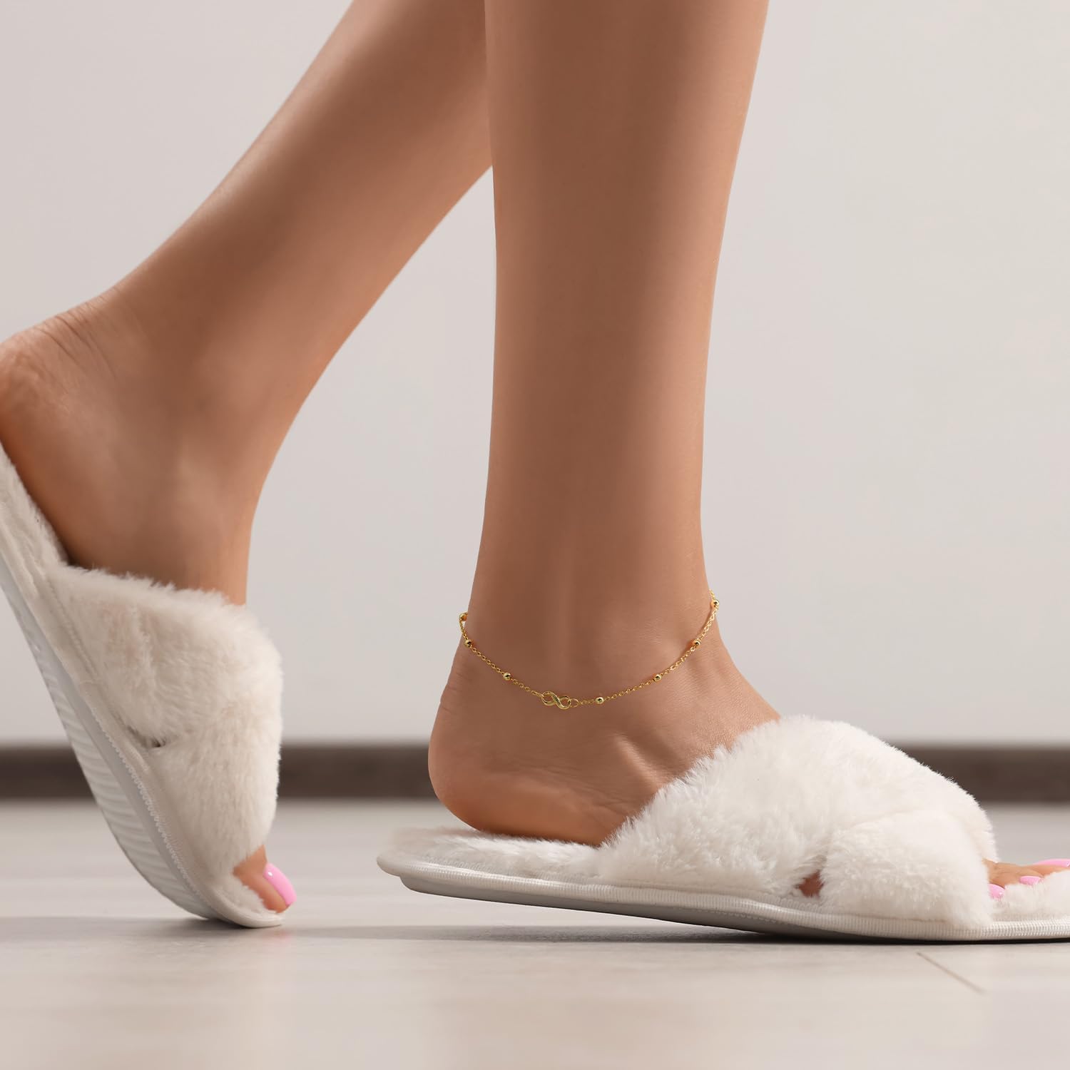 ERIN MARIE 14K Gold Anklets for Women Ankle Bracelets for Women Gold Anklets Infinity Symbol and Evenly Spaced Bead Infinity Bead Ankle Bracelets for Womens With Adjustable Size (9.4-11) Inches - Image 6