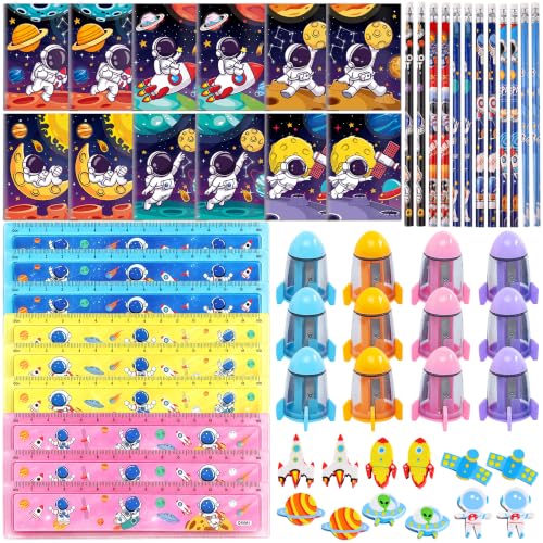 Huxolynifty 72 Pcs Cadeaux Anniversaire Thème Espace - Kit Papeterie Espace avec Mini Carnets, Crayon à Papier, Règle, Taille-Crayon Fusée, Gomme Astronomie pour Pochette Surprise Fête