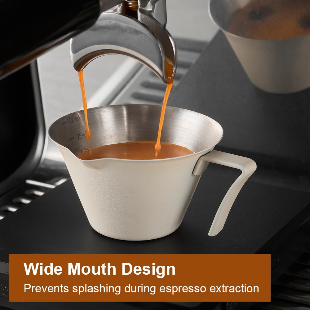 2-częściowy kubek z miarką do espresso z uchwytem, 100 ml kubek z miarką do espresso ze stali nierdzewnej, z ustami w kształcie litery V i skalą, akcesoria do kawy, do kawy, mleka, śmietany