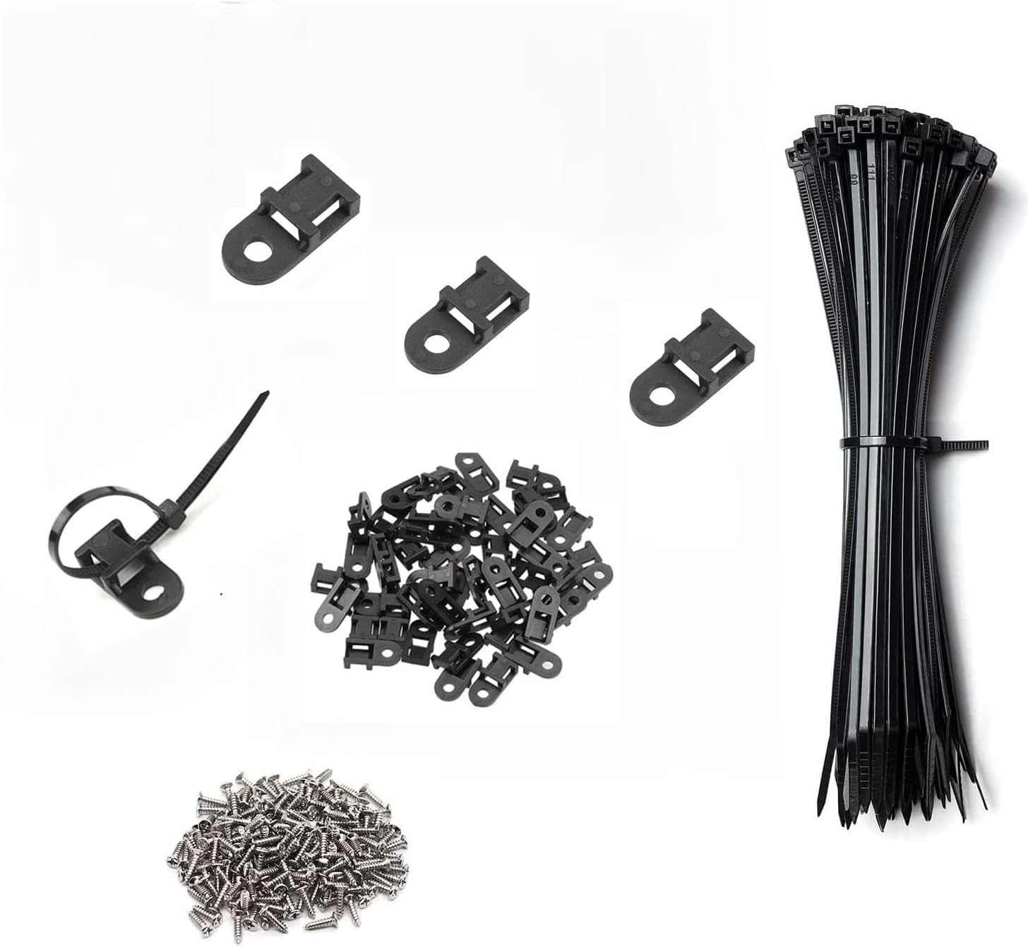 Black Cable Zip Tie Mounts Kit - 100 Pcs Saddle Type Mounts Base With 100 6" Nylon Cable Ties And 100 Tapping Screws