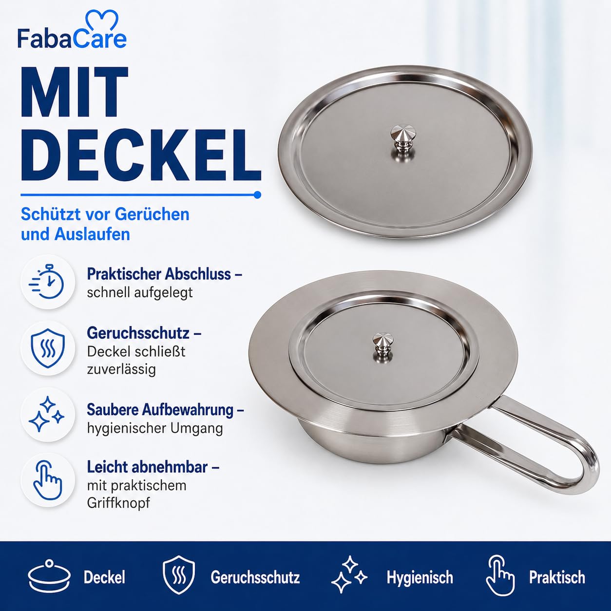 FabaCare Bettpfanne Edelstahl mit Deckel für Erwachsene, 2 Liter | Stechbecken 2 Liter für Pflege, Klinik & Zuhause – robust, hygienisch, leicht zu reinigen und diskret griffbereit