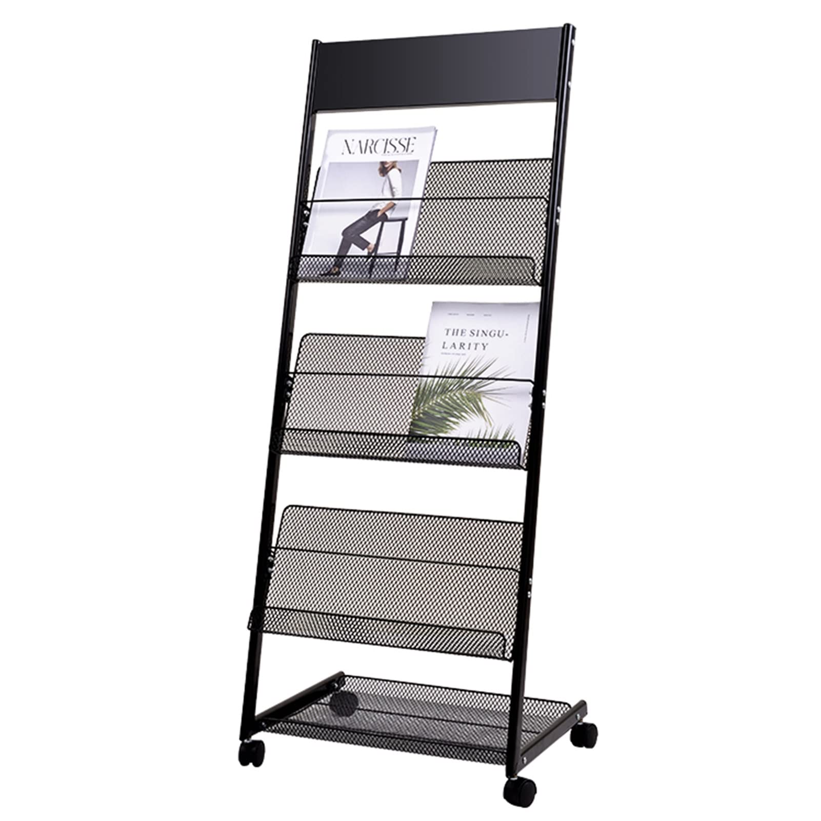 ASerZenith Magazine Stand Literature Holder with Wheels, Commercial Magazine Rack for 4 Shelves, Floor-Standing Brochure Display Stand for School Office