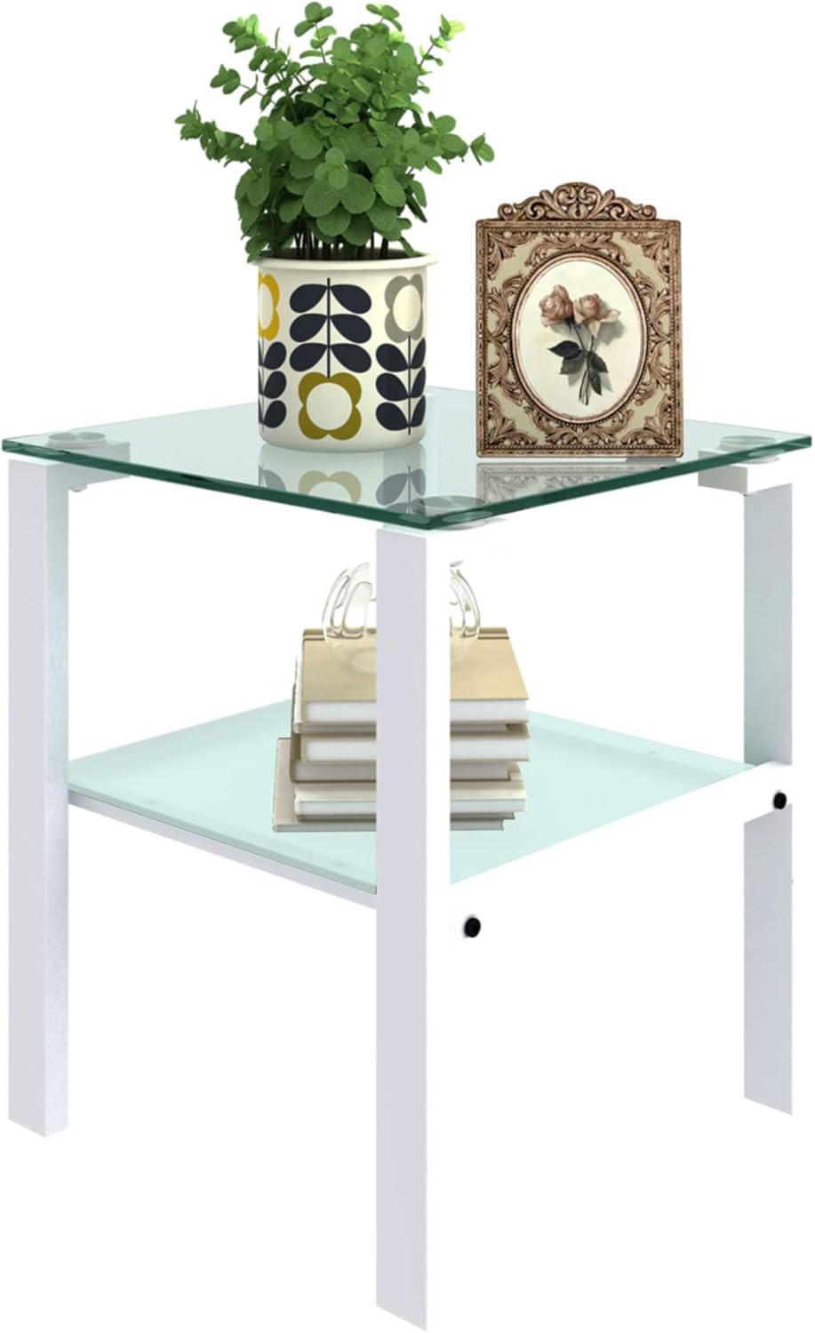 Modern Square End Table, Clear Glass Top Side Table, 2 Tier