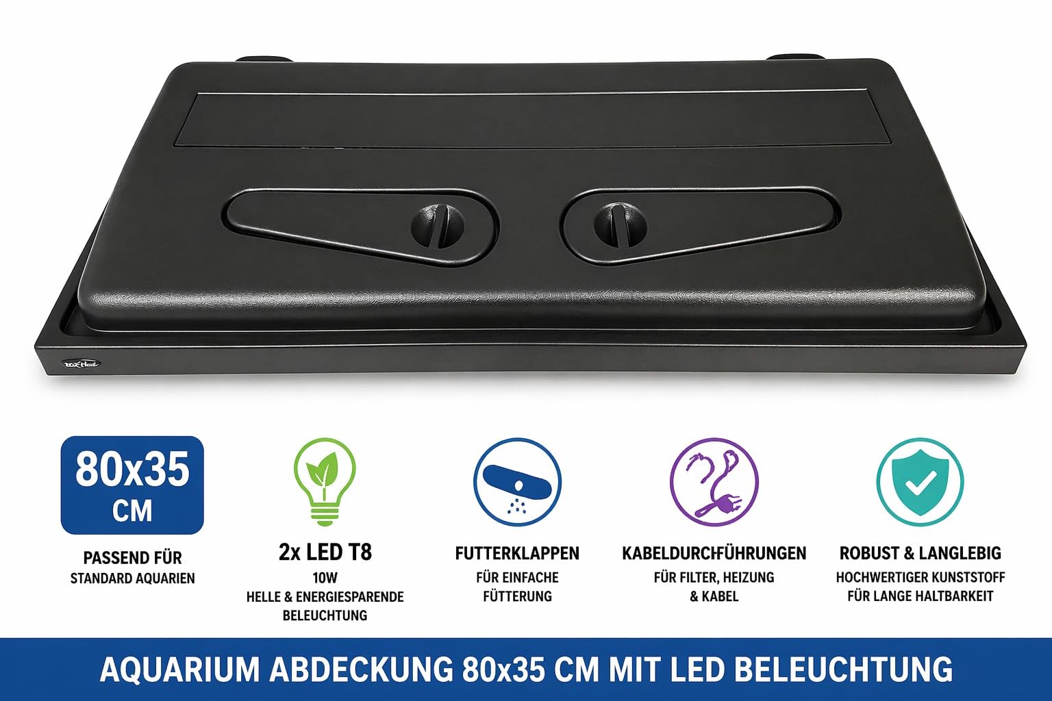 ZooPaul Aquarium Abdeckung 80x35 cm mit LED Beleuchtung – 2X T8 10W – Schwarz – für Aquarium & Terrarium – inkl. Futterklappen & Kabeldurchführungen
