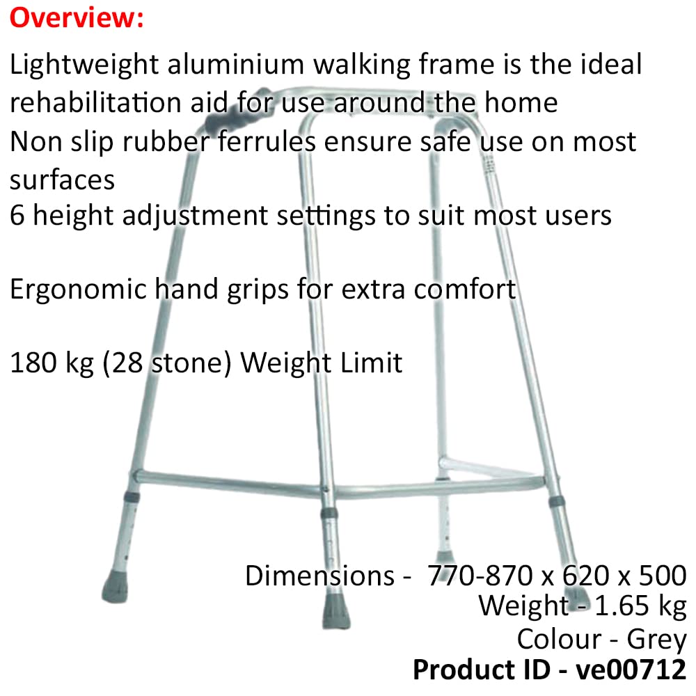 Lekka aluminiowa rama do chodzenia - regulowana wysokość 770-870 mm, średnia - antypoślizgowe gumowe tulejki - pomoc w rehabilitacji - ergonomiczne uchwyty - 180 kg (28 kamieni) limit wagowy