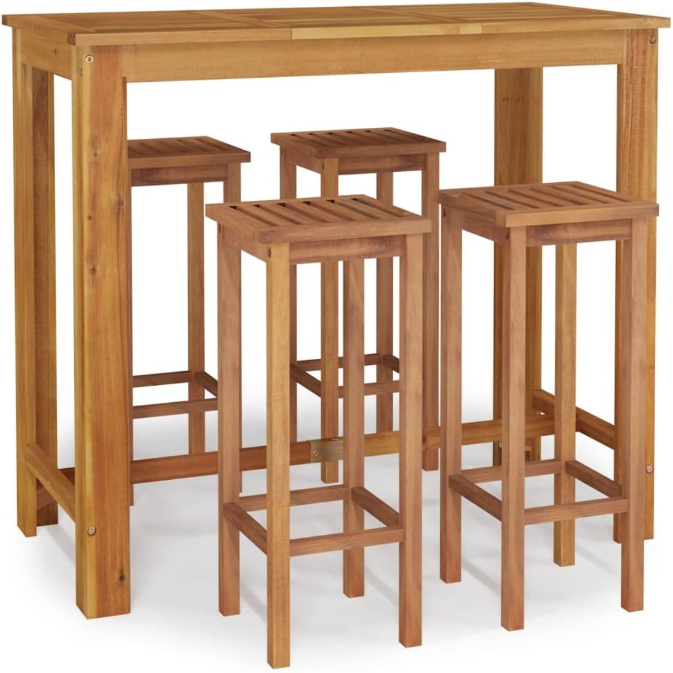 5-Piece Patio Bar Set Solid Acacia Wood Outdoor Furniture Set with Table and 4 Chairs, Modern Bistro Set for Garden Balcony Porch Backyard