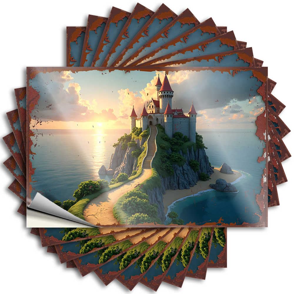 Fzfn Colour Funny Sticker Custom Waterproof Vinyl Sticker | Fantasy Castle On A Rocky Island At Sunset Autumn Case For Summer Diy Projects(12X18cm)
