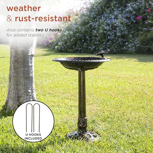 Image of Alpine Corporation 27 inch Tall Outdoor Antique Pedestal Birdbath with Bird Statue Decor, Durable Polypropylene Construction, Bronze