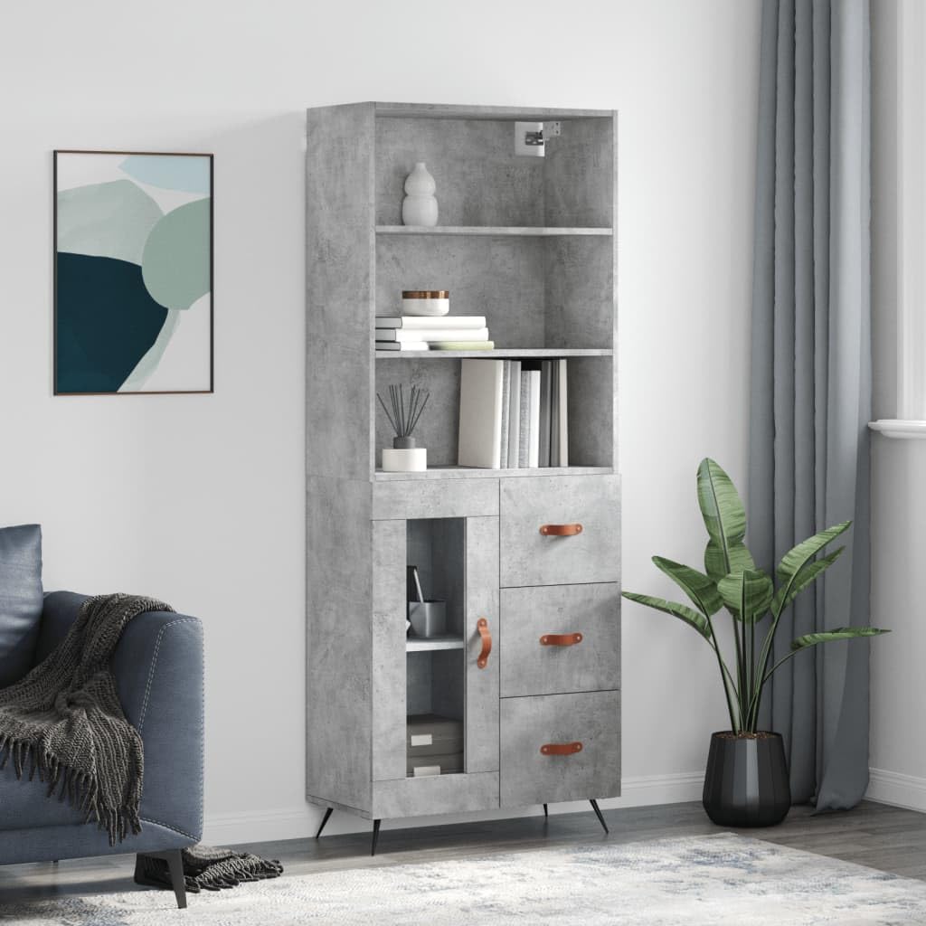 Générique Bufet wysoki szary betonowy 69,5x34x180 cm, szafka do przechowywania z drewna inżynieryjnego z praktycznymi drzwiami i żelaznymi nogami, duża przestrzeń do przechowywania niezbędnych rzeczy