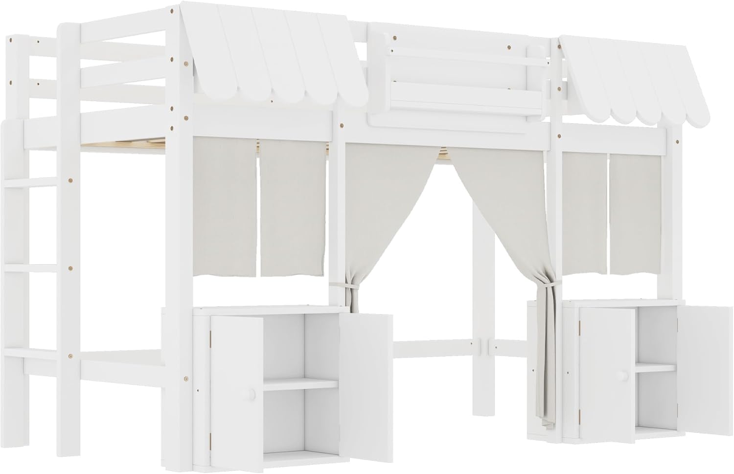 Ball & Cast Twin Toddler Loft Bed,Wood Loft Beds with Built-in Bookshelf and Curtain for Kids,Twin Size Loft Bed Frame W/Ladders & Storage Cabinets,for Girls Boys,Bedroom,Playroom,White