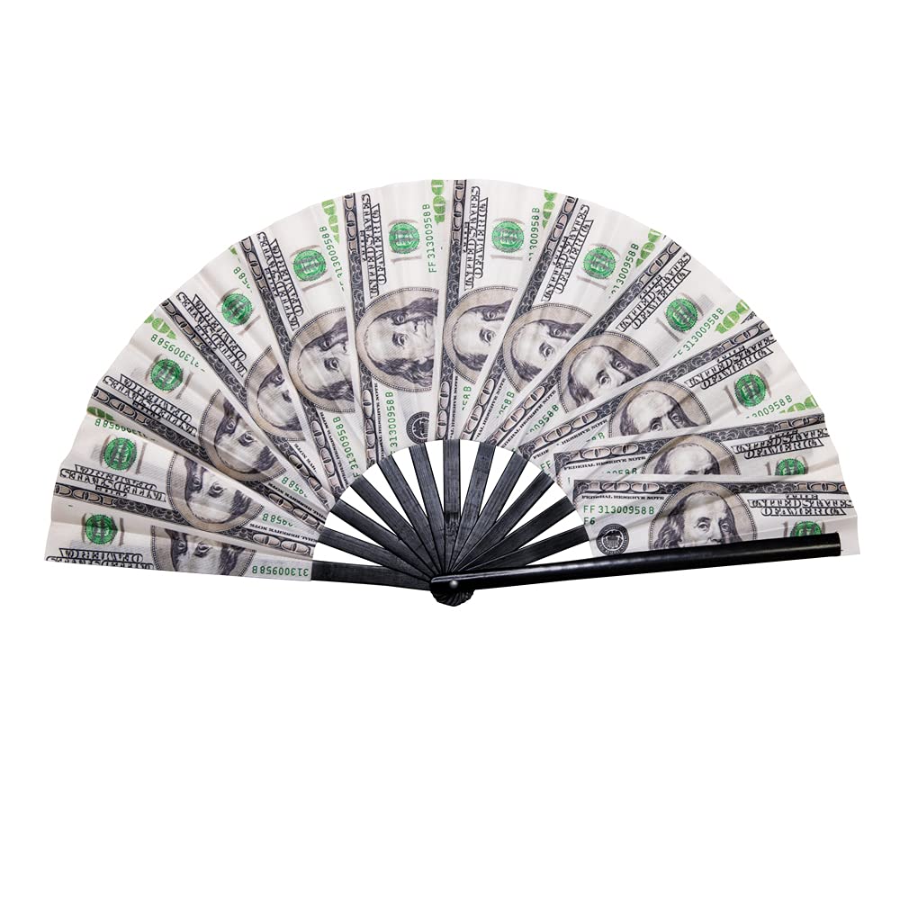 GloFX Folding Fan - Money Stack - Large Rave Clack Folding Hand Fan for Men/Women - for EDM, Music Festival, Club, Event, Party, Dance, Performance, Decoration, Gift