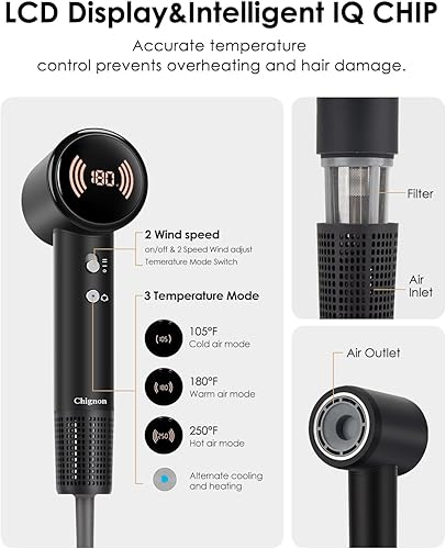 Miniatura 4 de Secador de pelo, 110000 RPM de alta velocidad con iones negativos de 984.3 ft y difusor magnético, secado rápido durante 1 minuto, sin daños por