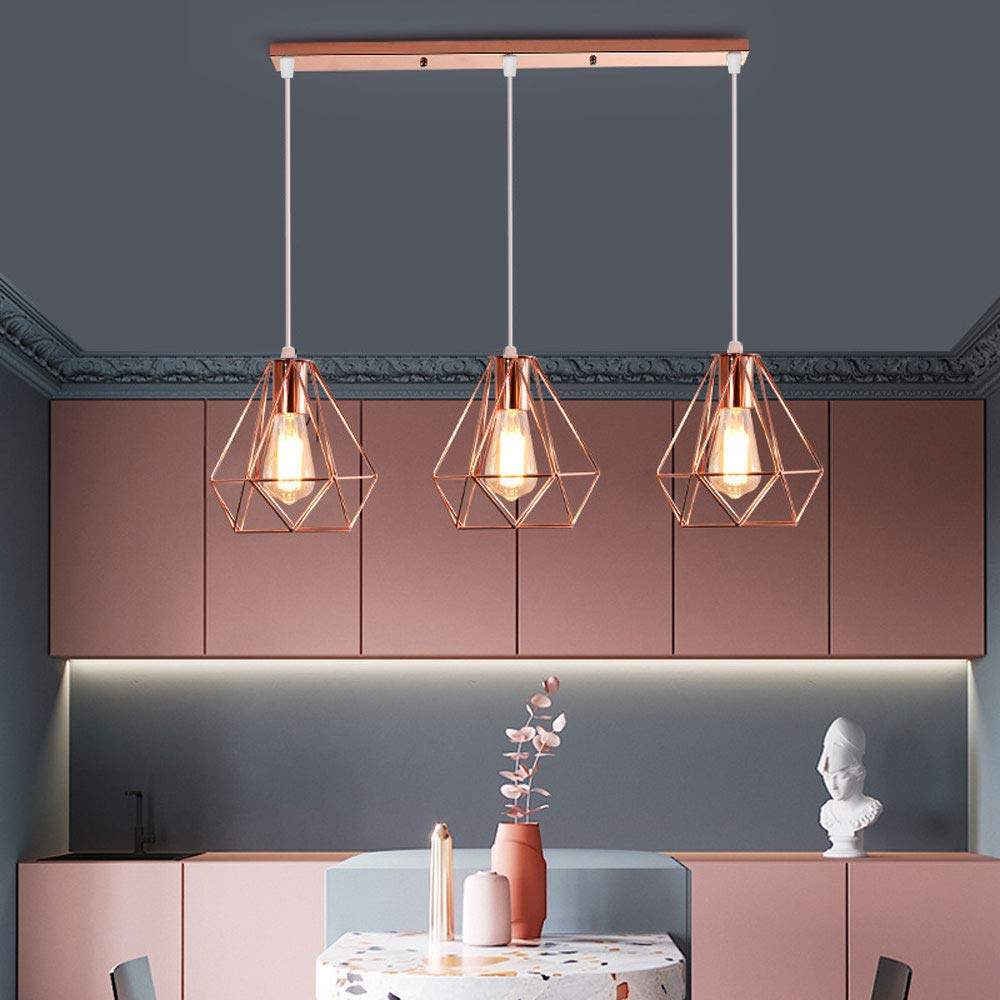 Metall Hängeleuchte Mit 3 Lampenschirmen – Roségold, Industrieller Diamant-Stil, Höhenverstellbar, Für E27 Birnen, 90–220V