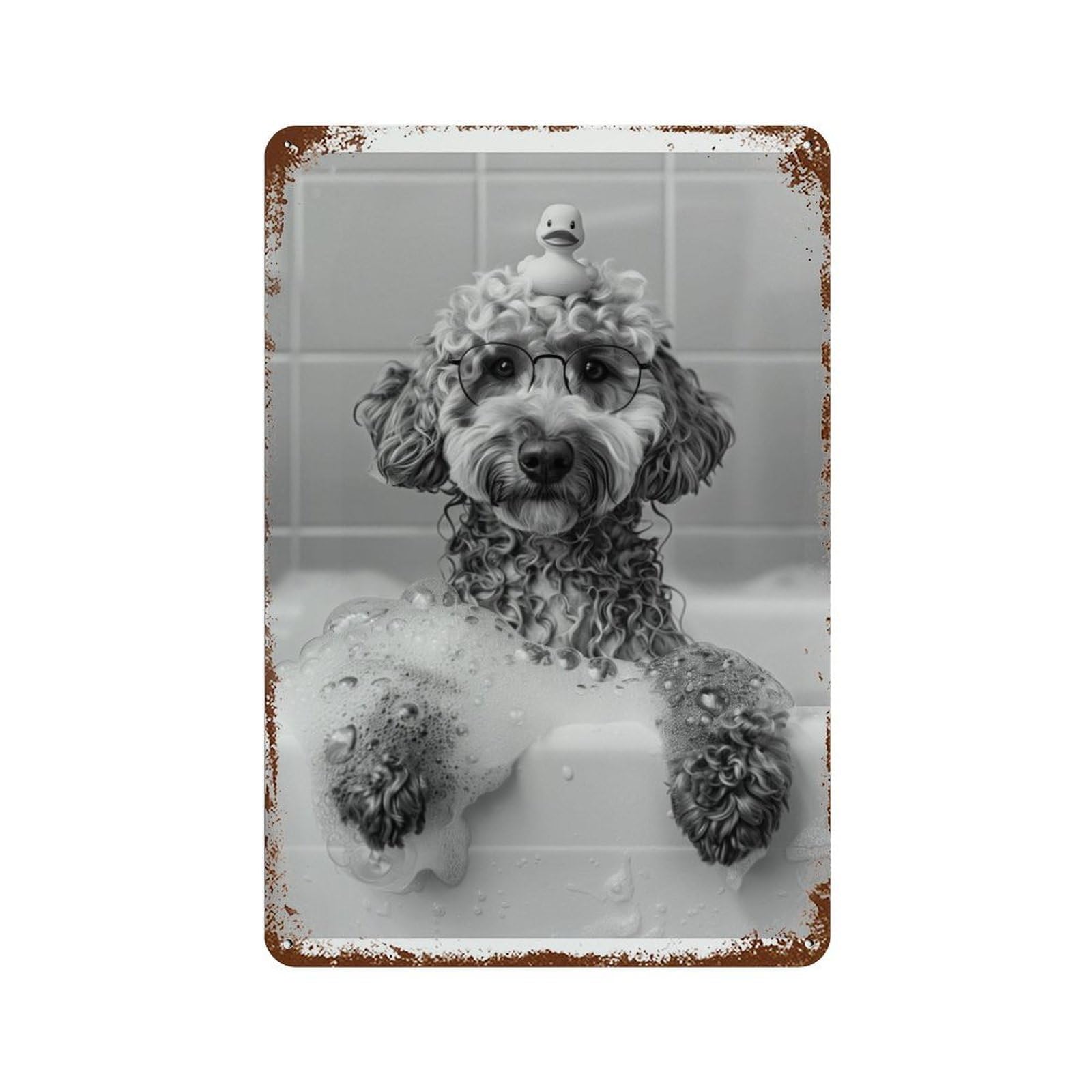 xiaoxiaoshen Labradoodle Bath Dog And Rubber Duck Bathtub, Black White Wall Decor Art Metal Tin Poster Modern Home Decor Art Home Bar Shop Decorations Vintage Sign 30x20cm