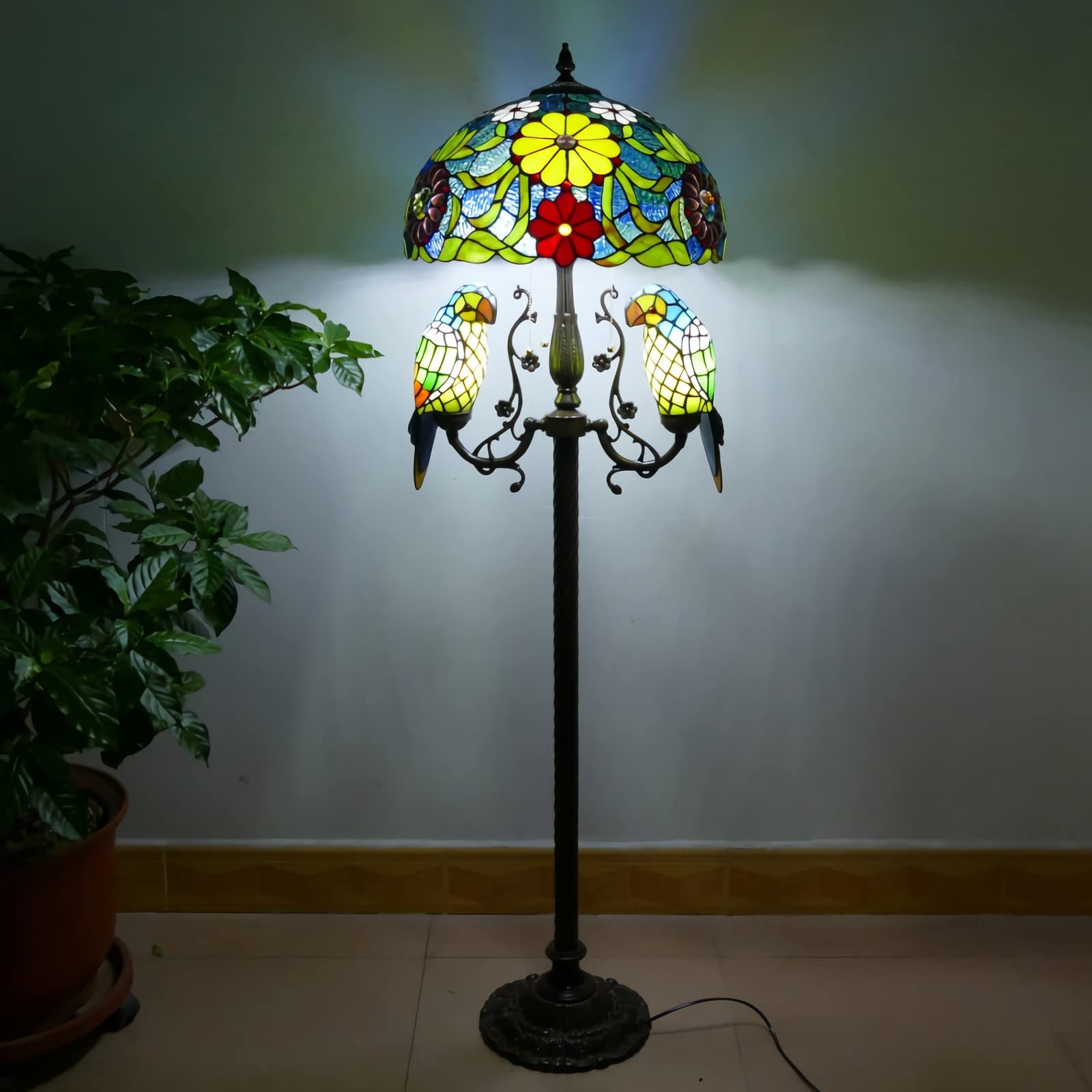 IUokLU 18" Tiffany-style Floor Lamp with Parrot Night Light, Stained Glass StandLamp, 65" Tall,Vintage Resin Base ReadLight for Bedroom Office,A (B)