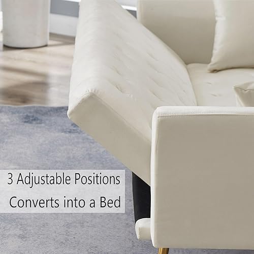 Miniatura 3 de Sofá cama futón de terciopelo con 2 almohadas, moderno sofá cama convertible reclinable, plegable tapizado, 3 ángulos ajustables, asiento de espuma
