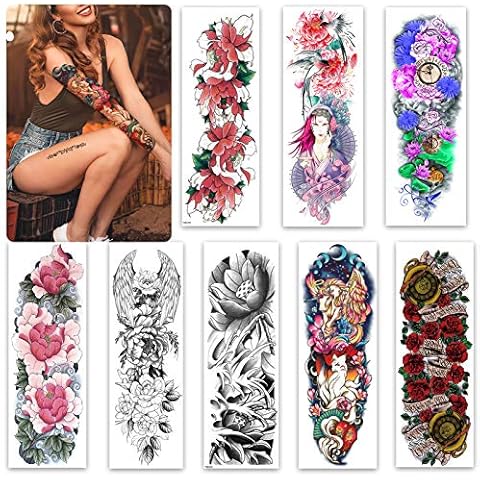 Aresvns Temporary Tattoo for Women Teen Girls and kids ,8 Sheets Full Arm Leg Temporary Tattoo Flowers,Waterproof and Long-Lasting Realistic Fake Tattoos Cover