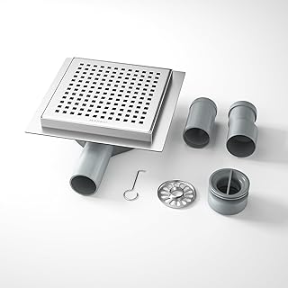 Duschrinne Quadrat Edelstahl, 15×15cm Bodenablauf Dusche mit 360° Siphon Geruchsstop und Haarfilter,2 Ablaufadapter DN50 DN40 Duschablauf Flach Ablaufrinne, Silber