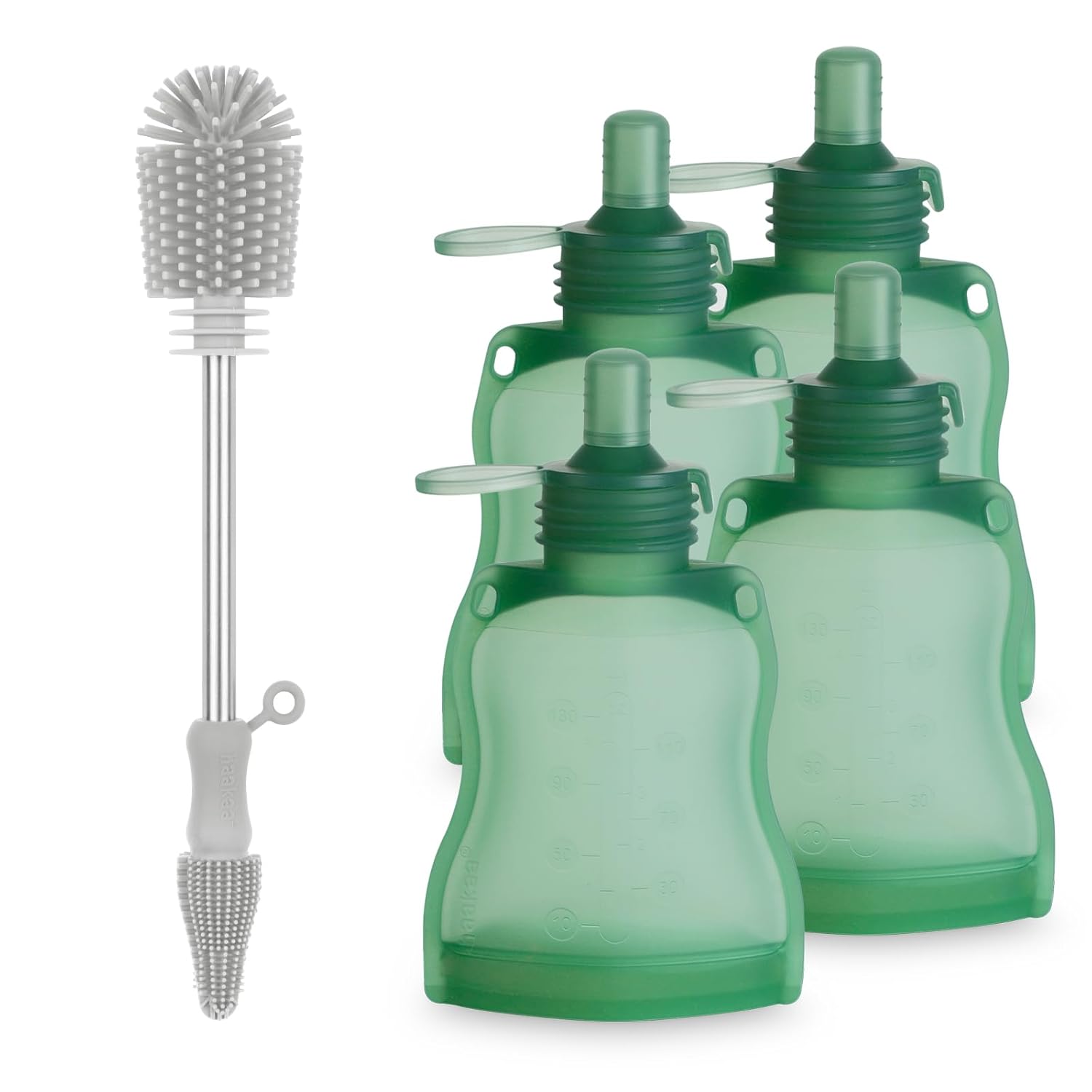 haakaa Baby Food Pouch Refillable Baby Squeeze Silicone Yummy Pouch&Cleaning Brush Set-Soft Reusable Squeeze Storage Food Pouch for Kids Toddler,Home Made Food Puree,Smoothie Pouch Bag- Bottle Brush