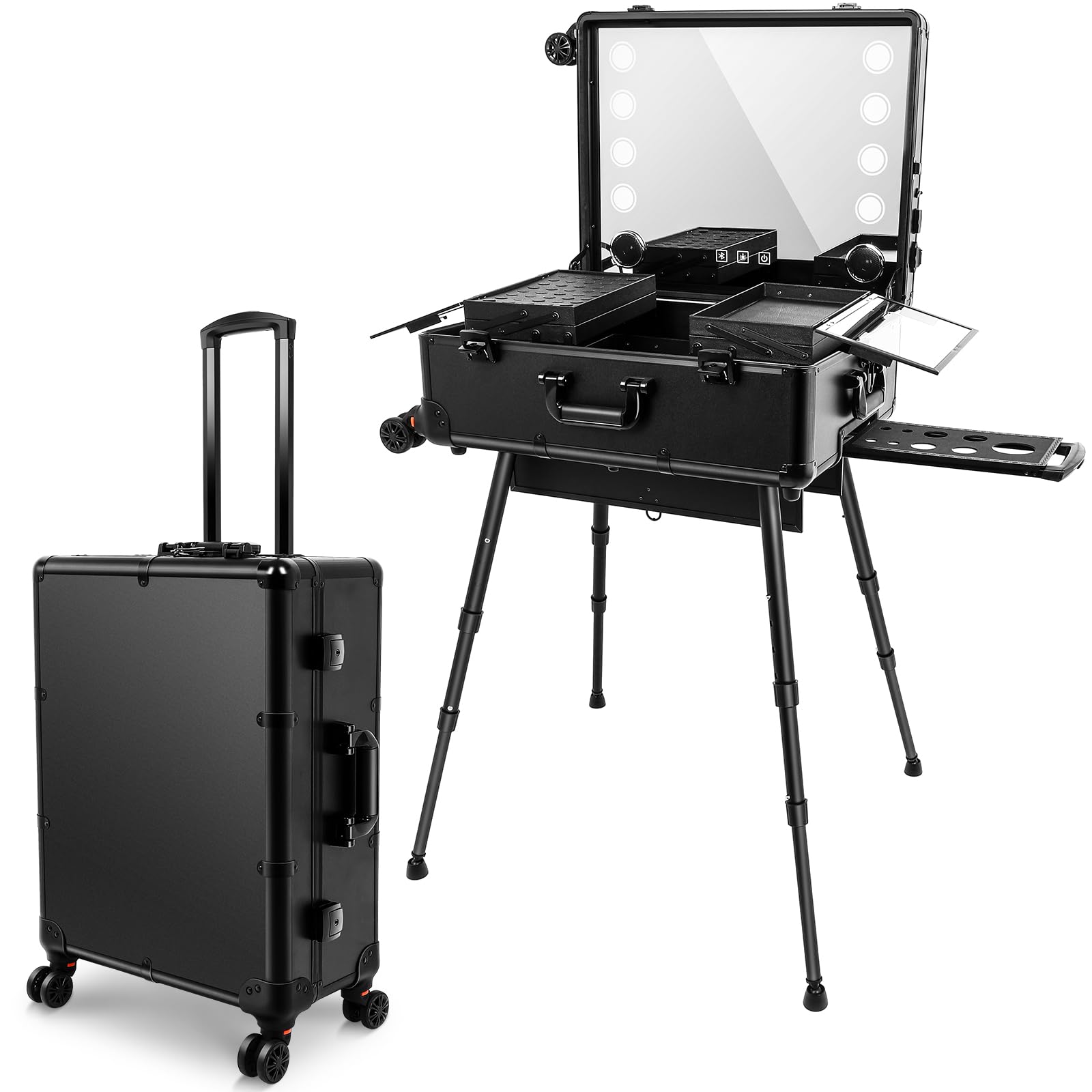 Photo 1 of **BASHED CORNER, SEE PHOTOS** FAHKNS Aluminum Trolley Makeup Train Case with LED Light Professional Cosmetic 24'' Make up Cosmetic Organizer Studio with Speaker Stand Rolling Lighted Makeup Vanity Station 3 Shades of Light (Black)