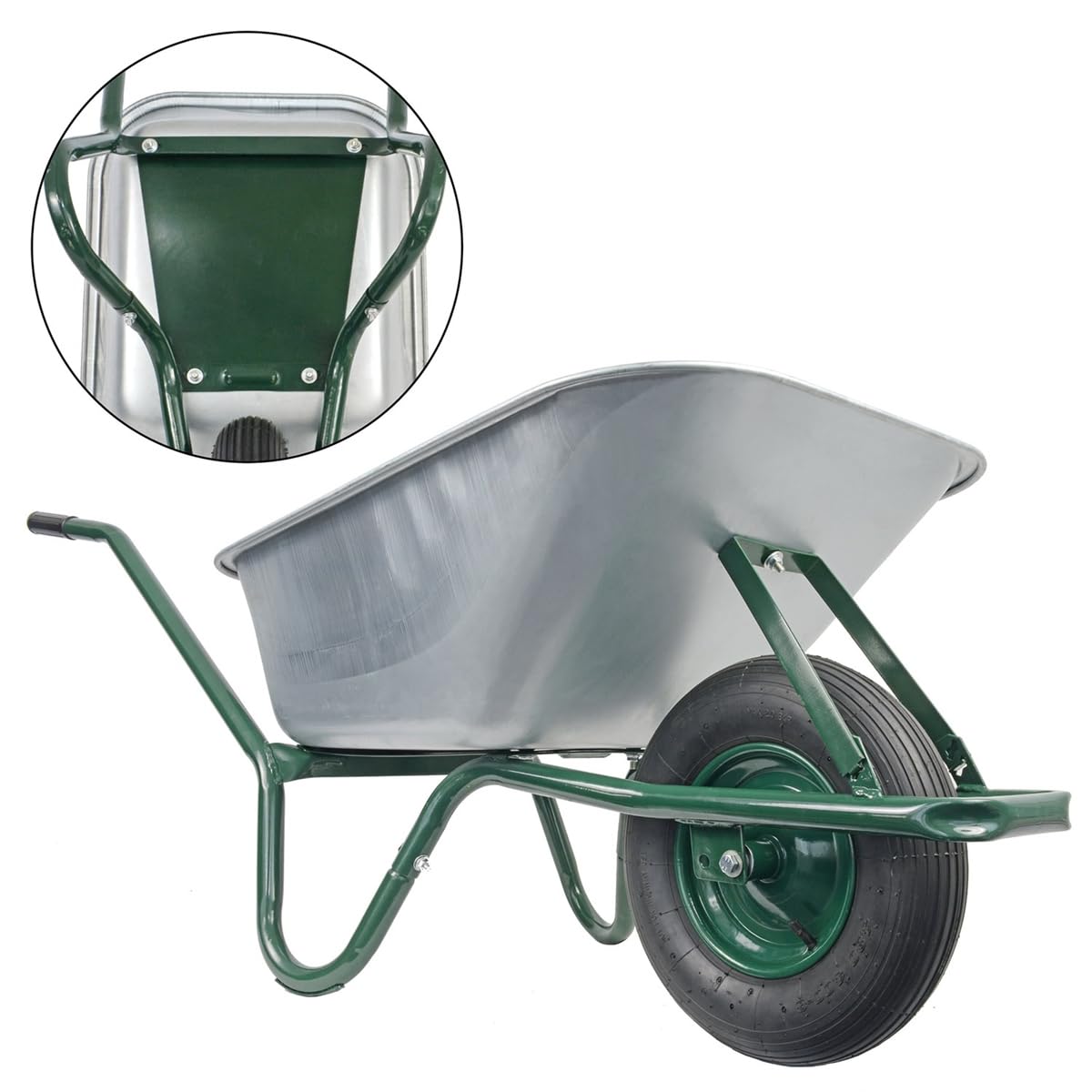 Matrix Schubkarre Profi 100l Liter 250 kg mit zusätzlichem Bodenblech Luftrad Schubkarren groß Garten Scheibtruhe Bauschubkarre | Mulde verzinkt | Metall Felge mit Kugellager | Farbe grün
