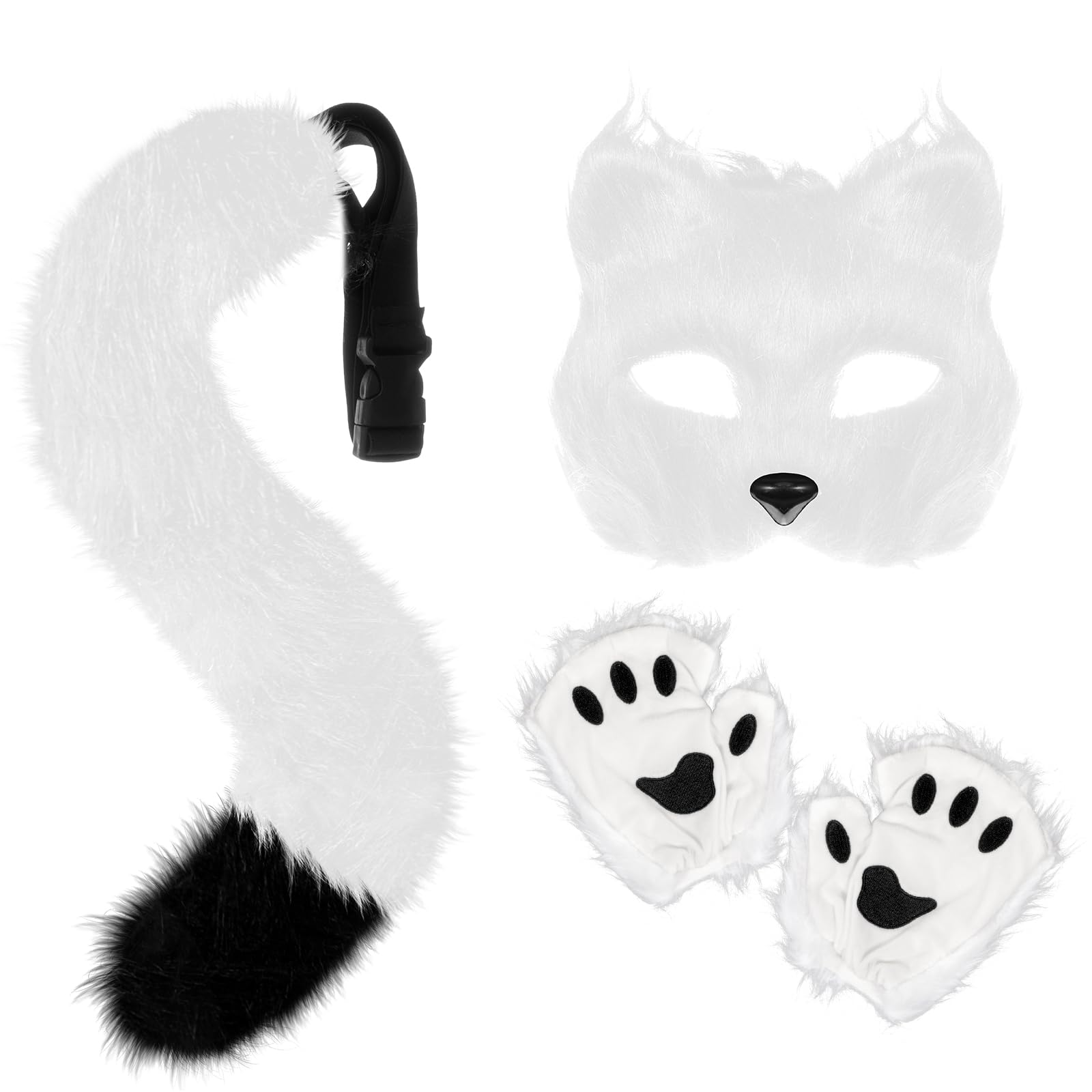 Furry Fox Wolf Cosplay Set with Mask Tail Paw Gloves, Animal Cosplay Costume Kit for Anime Fancy Dress Accessories Halloween Christmas Dress Up Carnival Role Play Party Supplies, White