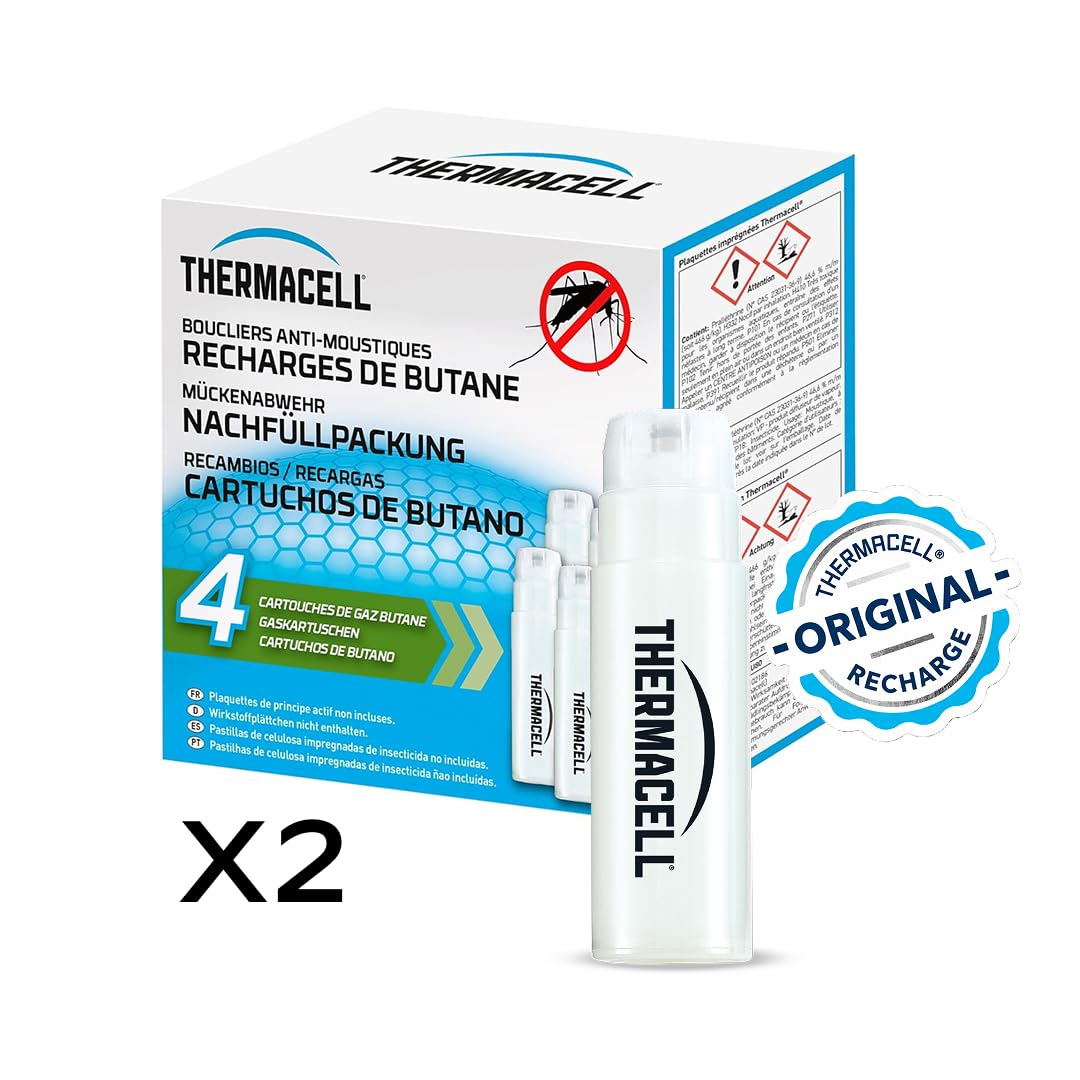 THERMACELL 8 Cartouches Gaz Butane Anti Moustiques Tigres - Extérieur | Pour Bouclier, Diffuseur et Lanterne - Effet Rapide, Inodore - Jardin, Terrasse, Piscine - THBUTANE4X2