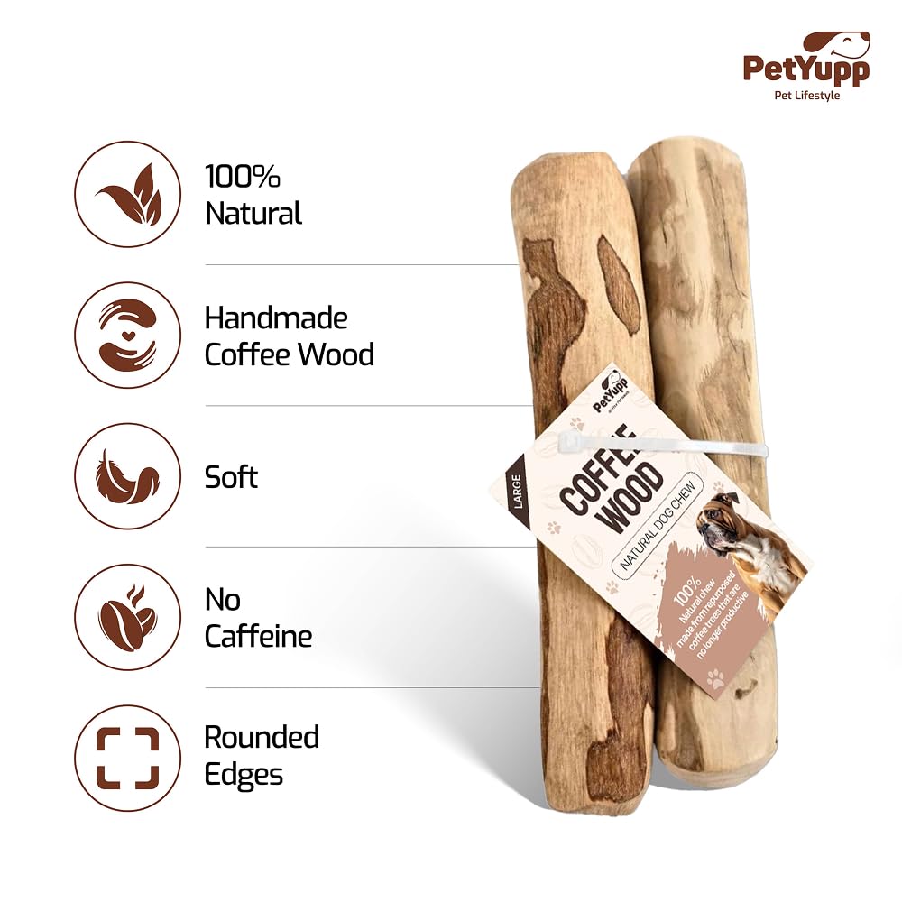 Juguete masticable para perros de madera de café 100 % natural, grande, paquete de 2, juguete duradero para masticadores agresivos, promueve la salud dental, reduce el sarro y es seguro para