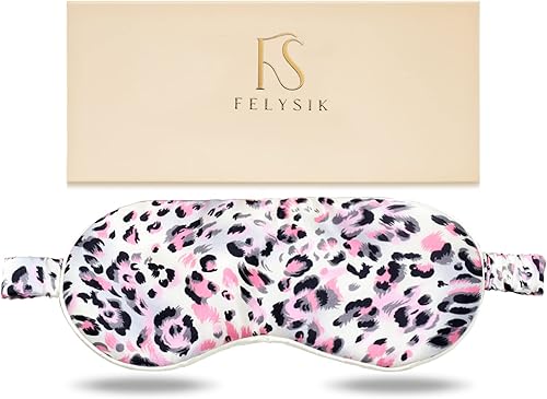 Miniatura 1 de FELYSIK 22 Momme - Máscara de dormir de seda de morera, 100% seda con estampado de leopardo rosa, para dormir de noche, relleno de seda real suave,