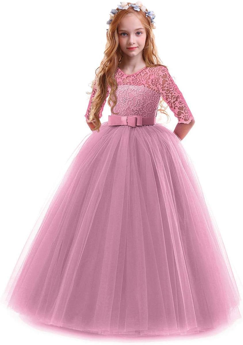 Flower Girl Lace Dress for Kids Wedding Bridesmaid Pageant Party Prom Formal Ball Gown Princess Puffy Tulle Dresses