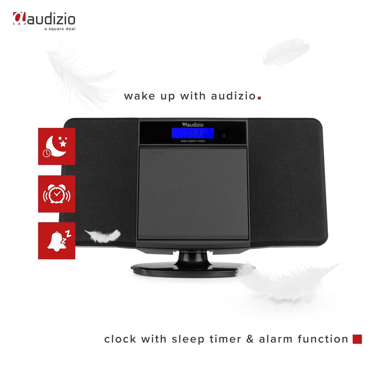 Audizio Nimes Radio Bluetooth Stéréo 50W - Noir, avec Lecteur CD, Lecteur MP3/USB, 20 Stations Préréglées, Écran LCD, Idéale pour Écouter Vos Musiques Favorites et Servir de Réveil chez Vous